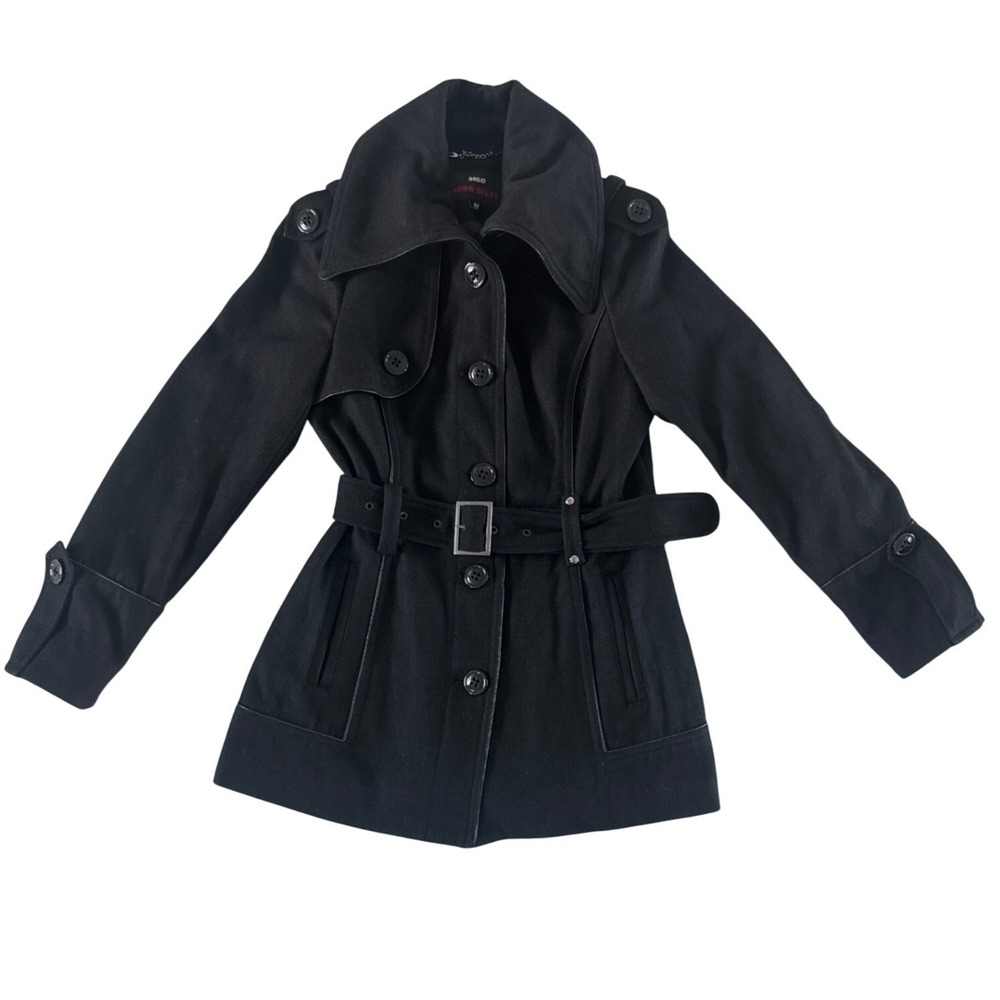 Vintage Y2K MISS SIXTY M60 Black Belted Peacoat Trench‎ Coat Wool Blend Size M